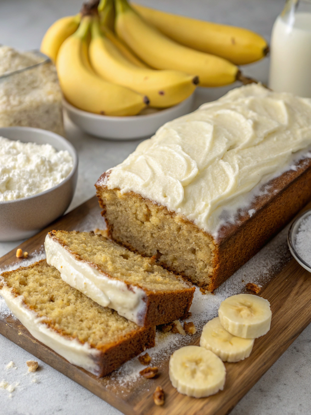 Ingredients for banana bread cake with cream cheese frosting