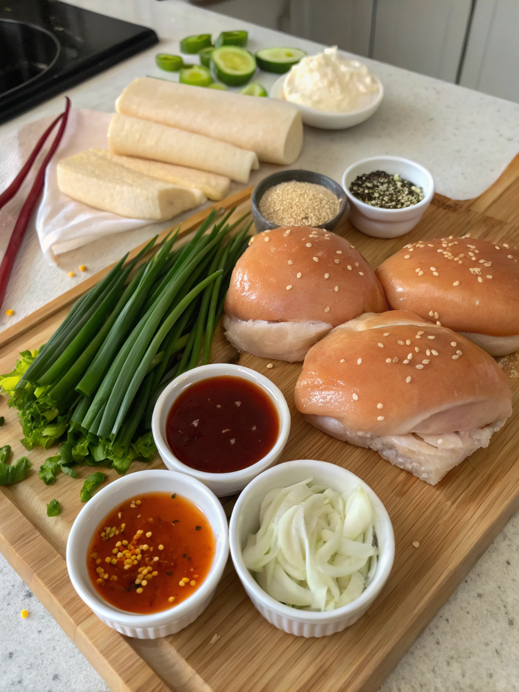 Bang Bang Chicken Sliders ingredients laid out on counter