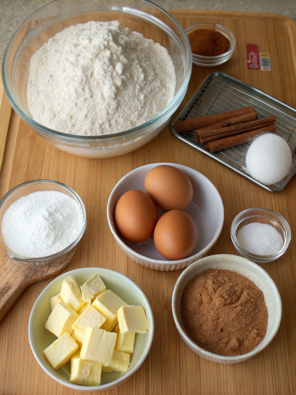 Cinnamon donut bread ingredients laid out on rustic table