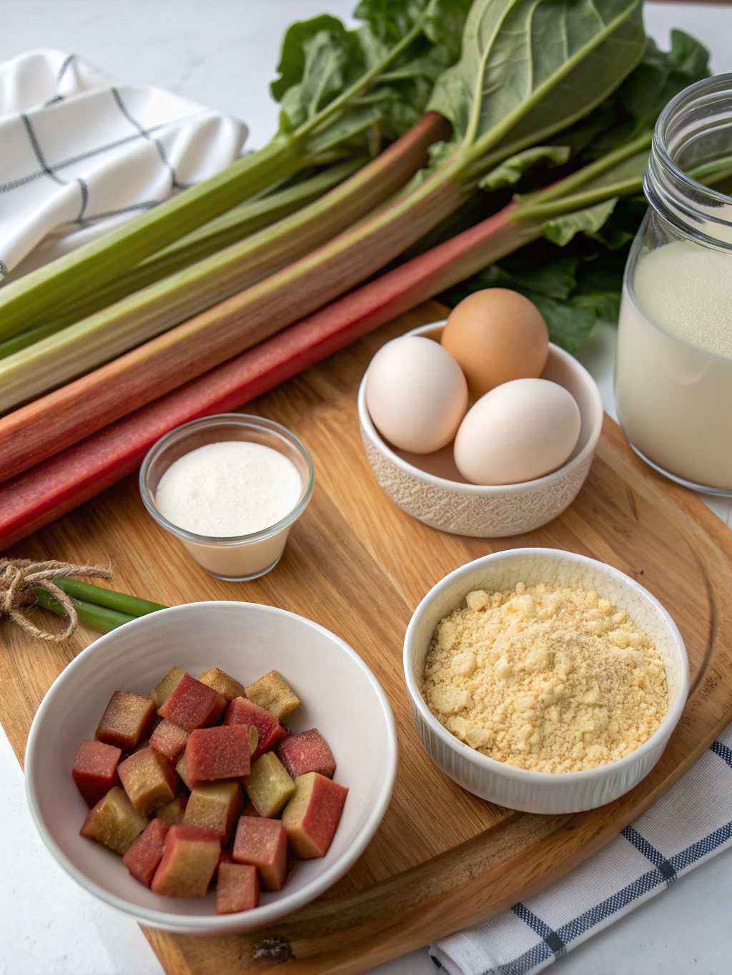 Fresh rhubarb stalks, eggs, sugar, and vanilla arranged for crustless pie