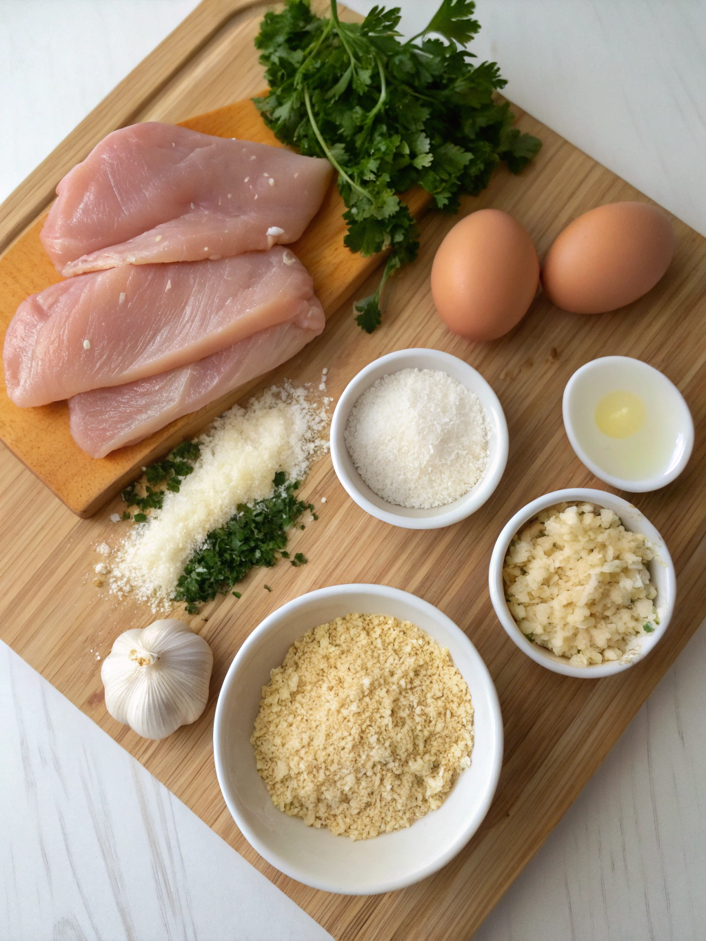Ingredients for garlic parmesan chicken meatloaves including ground chicken, parmesan, garlic, and herbs
