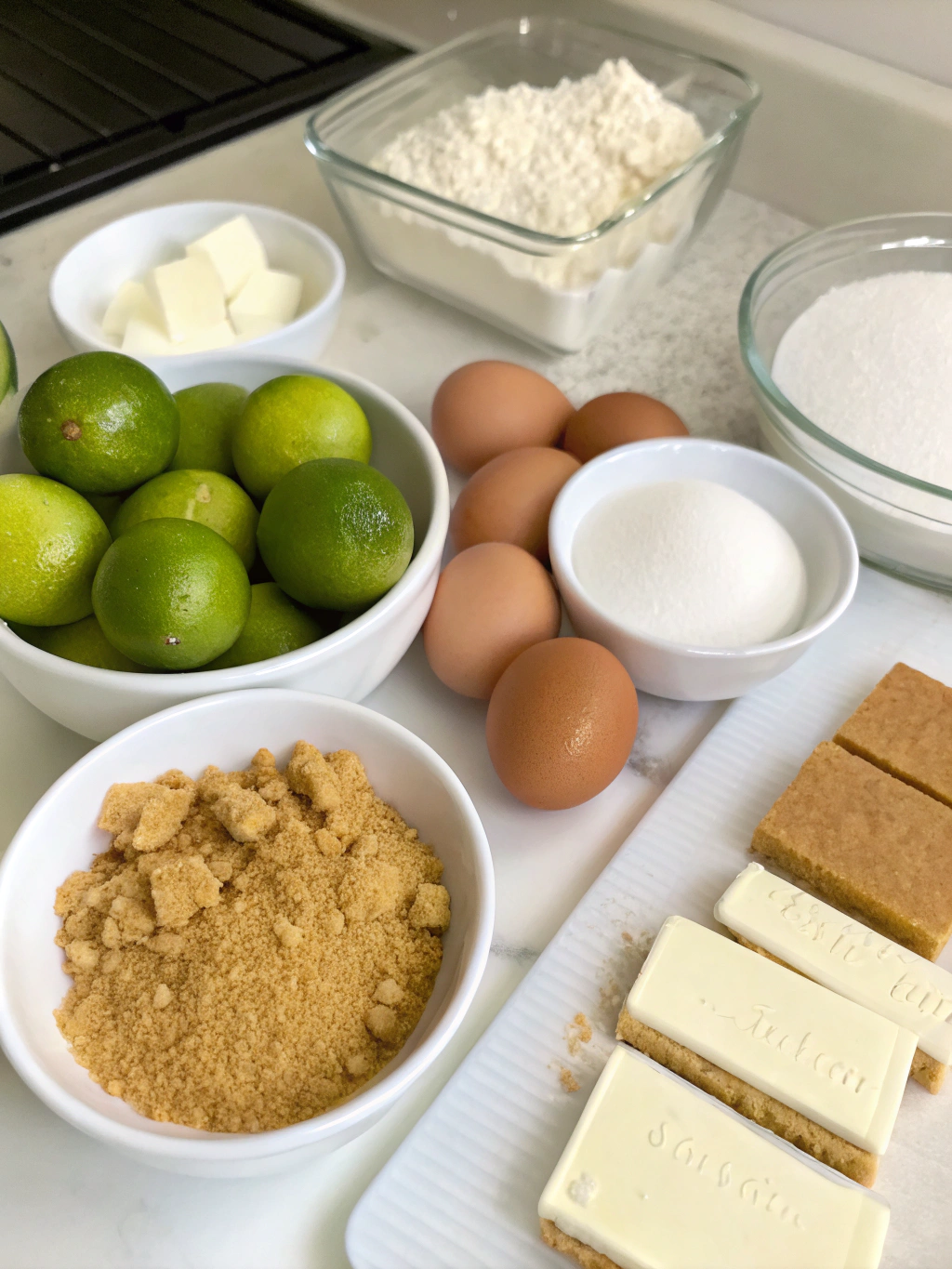 Key lime pie bar ingredients arranged on counter