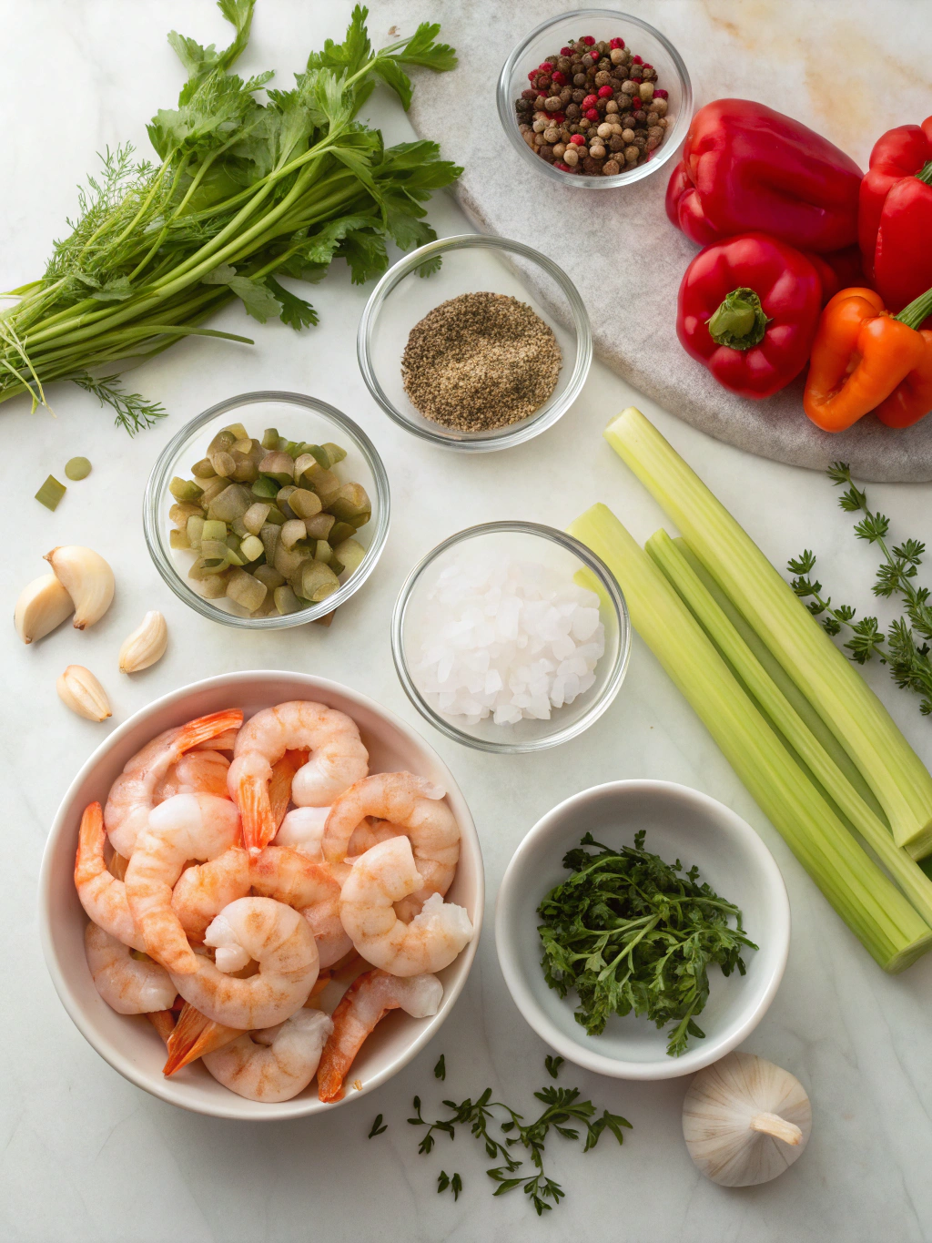 Fresh ingredients for mirliton shrimp dressing arranged on counter