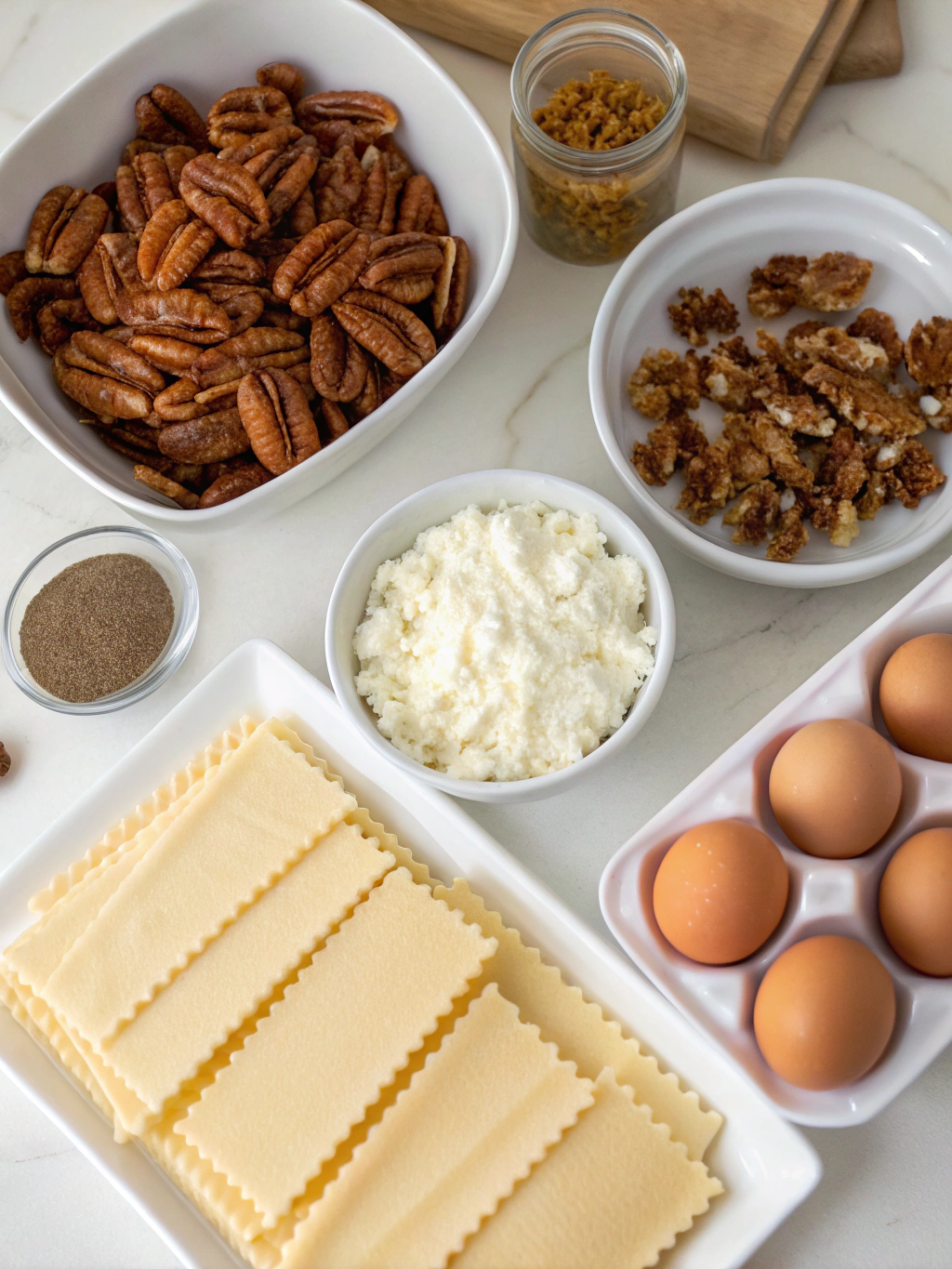 Pecan pie lasagna ingredients laid out on rustic wood