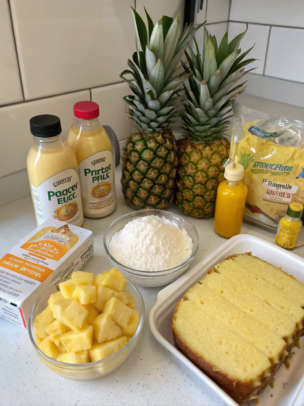 Pineapple juice cake ingredients arranged on counter