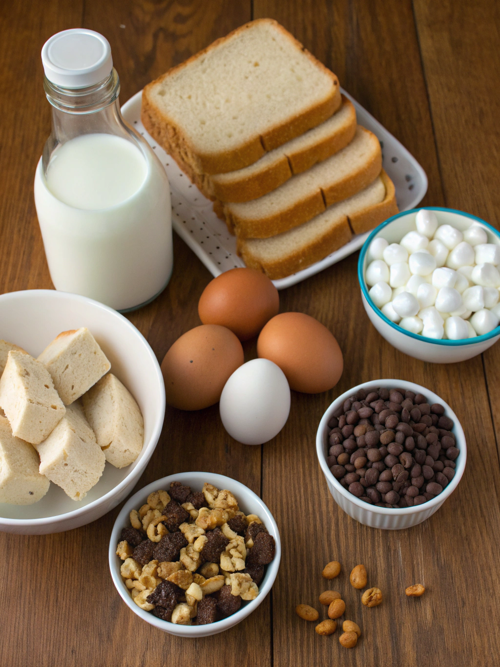 Rocky Road Bread Pudding ingredients including bread, chocolate, marshmallows, nuts and eggs