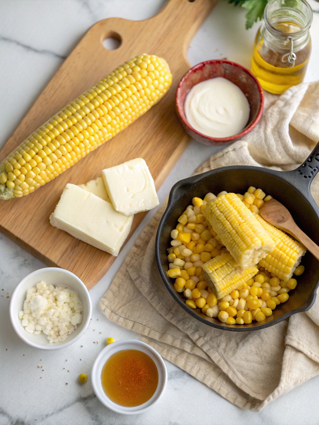 Honey butter skillet corn ingredients laid out: fresh corn, butter, honey, cream cheese, cream